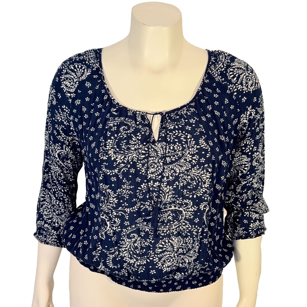 Aeropostale Peasant Top Women's XL Navy White V-Neck Paisley Floral 3/4 Sle